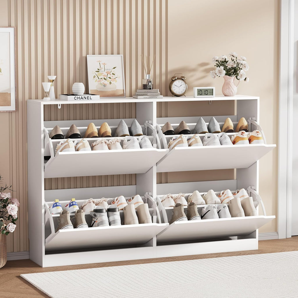 Shoe Storage Cabinet, Wood Shoe Organizer for Entryway with 3 Flip Drawers, Freestanding Shoe Rack with Adjustable Shelf, Narrow Shoe Dresser for Front Door Entrance (White, 4 Drawers)