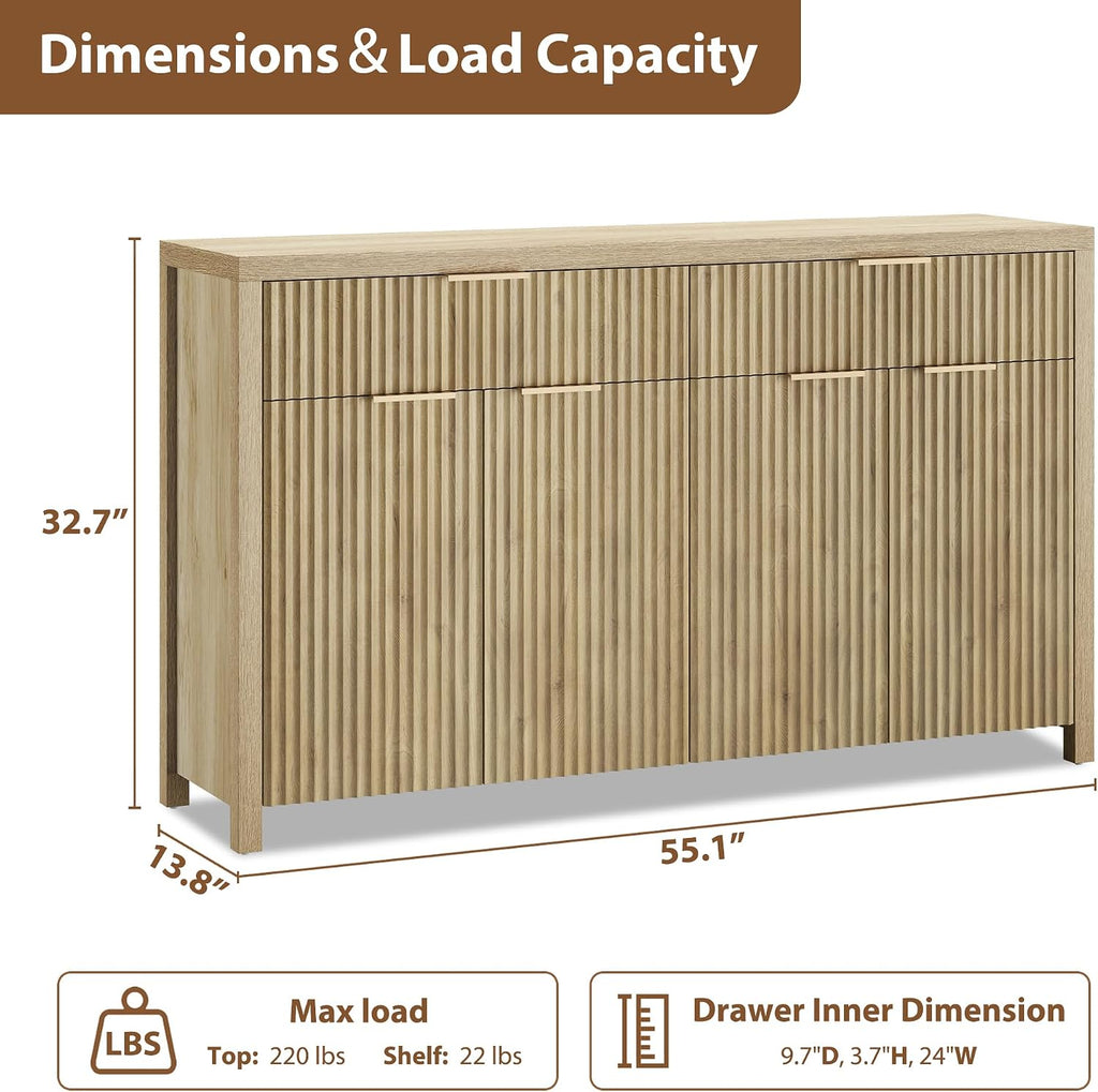 YaFiti Sideboard Buffet Cabinet Fluted Storage Cabinet, 55.1" Large Credenza with Storage & Adjustable Shelves, Modern Accent Cabinet Wood for Dining Room, Living Room, Entryway, Natural Oak
