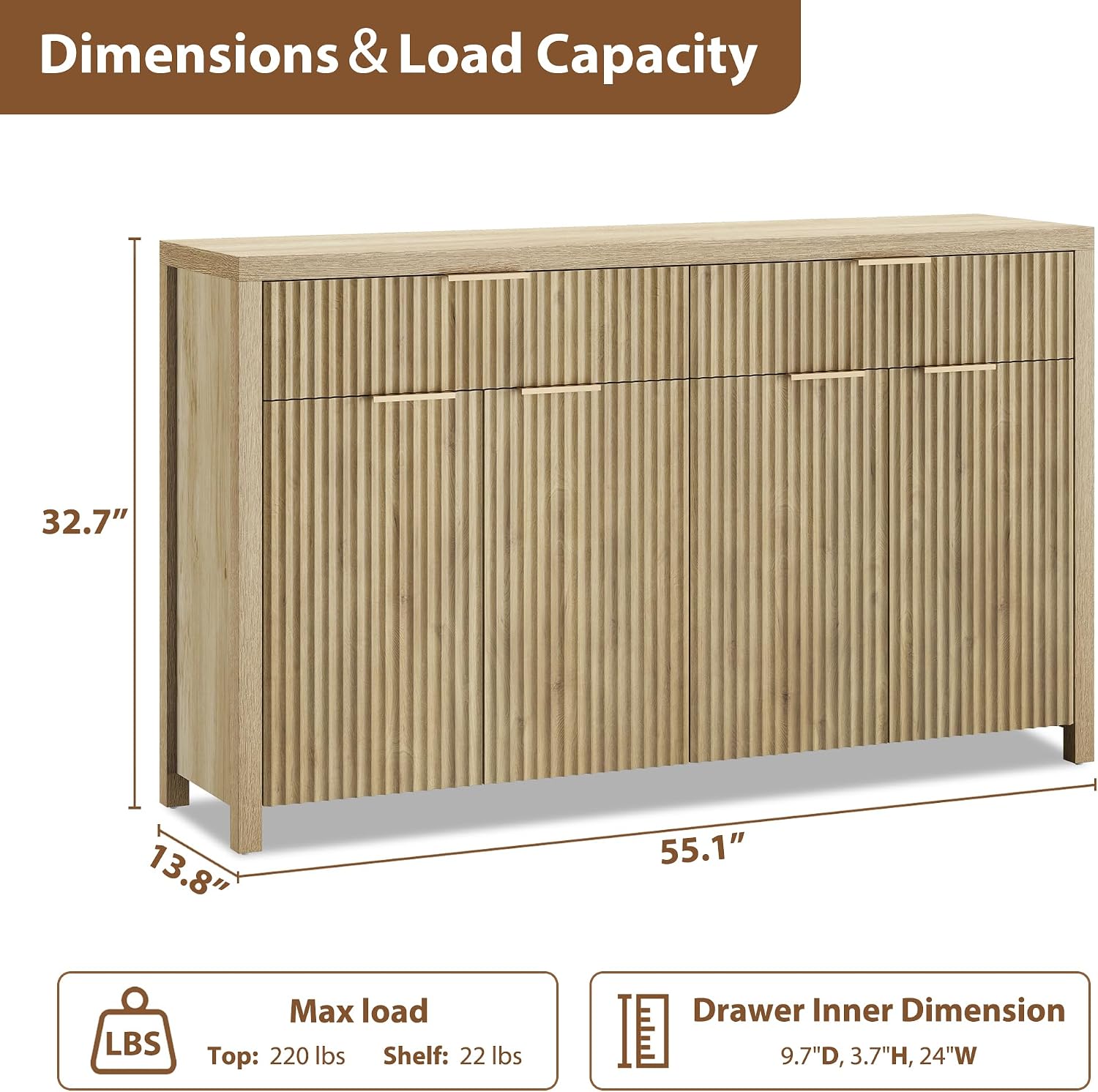 YaFiti Sideboard Buffet Cabinet Fluted Storage Cabinet, 55.1" Large Credenza with Storage & Adjustable Shelves, Modern Accent Cabinet Wood for Dining Room, Living Room, Entryway, Natural Oak