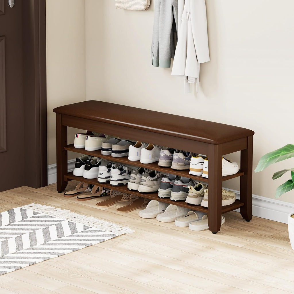 Homleke 39.4" Wide Solid Wood Shoe Rack Bench with Flip-Top Storage | 2-Tier Entryway Bench with Cushion, Adjustable Shelf, Holds Up to 10 Pairs, for Hallway, Bedroom and Closet, Walnut