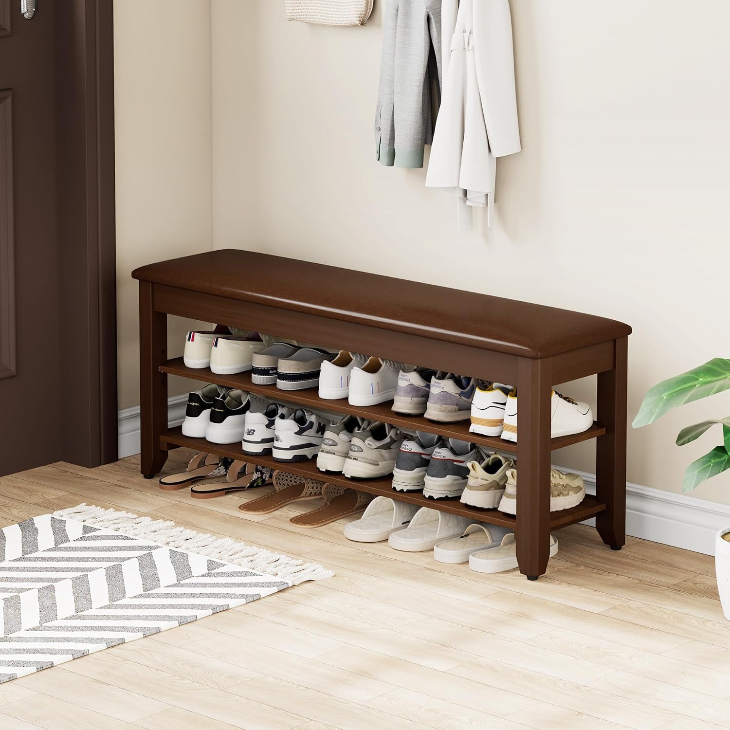 Homleke 39.4" Wide Solid Wood Shoe Rack Bench with Flip-Top Storage | 2-Tier Entryway Bench with Cushion, Adjustable Shelf, Holds Up to 10 Pairs, for Hallway, Bedroom and Closet, Walnut