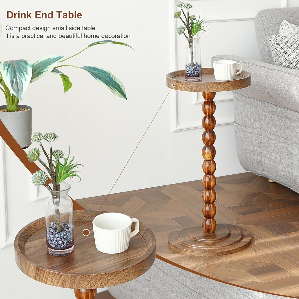 Small Drink Table, Round Drink Side Tables for Small Spaces, Wood Martini Table for Bedside and Sofa Couch, Pedestal Cocktail Coffee End Table for Living Room, Bedroom, Corners (Walnut)