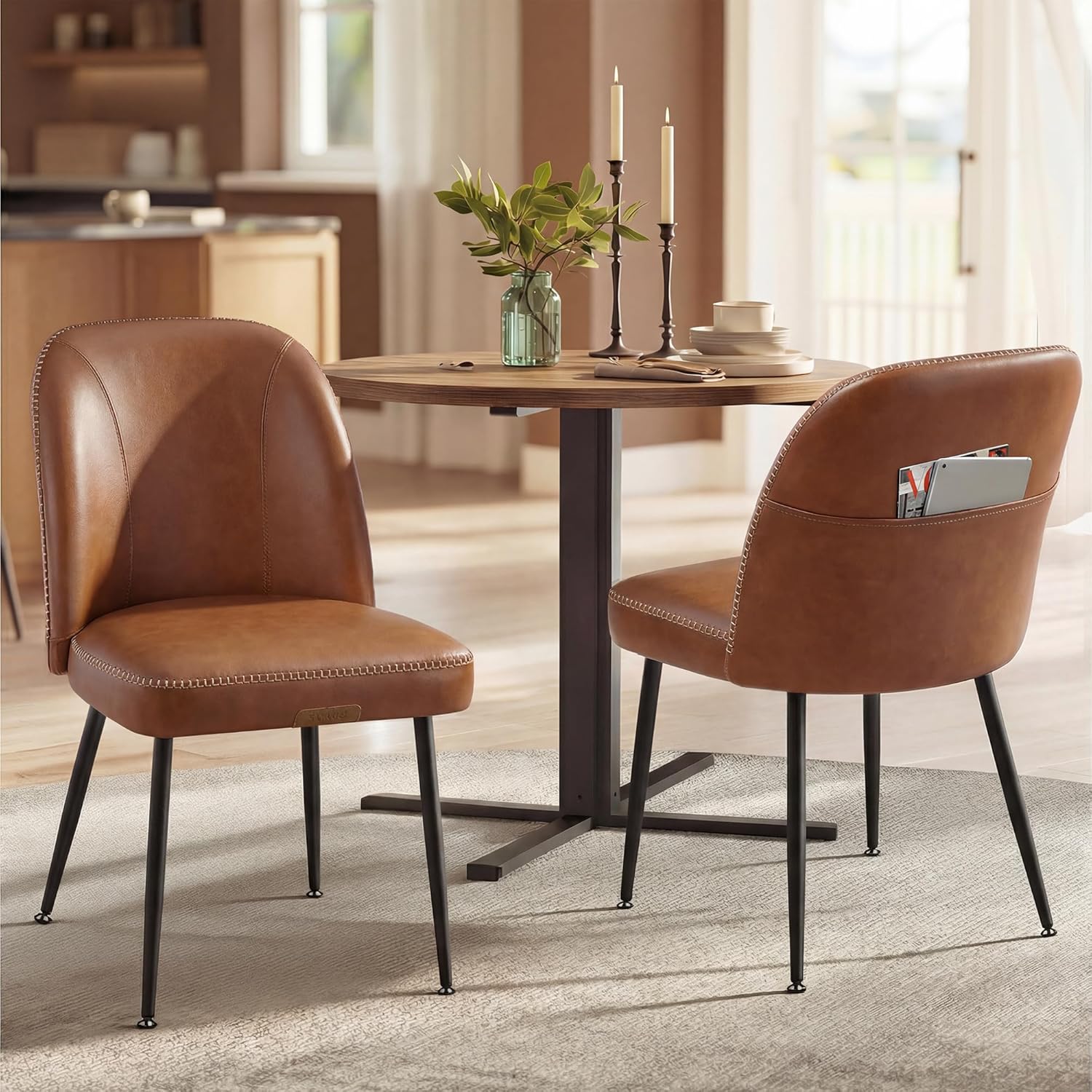 VASAGLE EKHO Collection - Dining Chairs Set of 2, Upholstered Kitchen Chairs, Comfortable Seat, Synthetic Leather with Stitching, Mid-Century Modern, with Storage Pocket, Caramel Brown UKDC190KN01