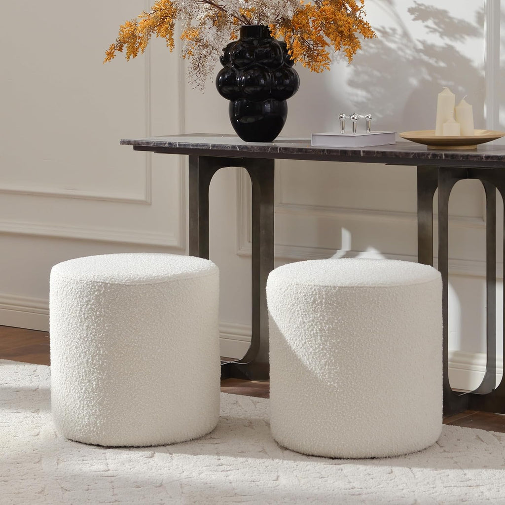 KINWELL Modern Round Boucle Upholstered Ottoman Set of 2, Multi-Functional Sofa Footrest, Side Table, Extra Seating for Living Room, Bedroom, Entryway (Cream White, 18" Dx 18" W x 18.3" H)