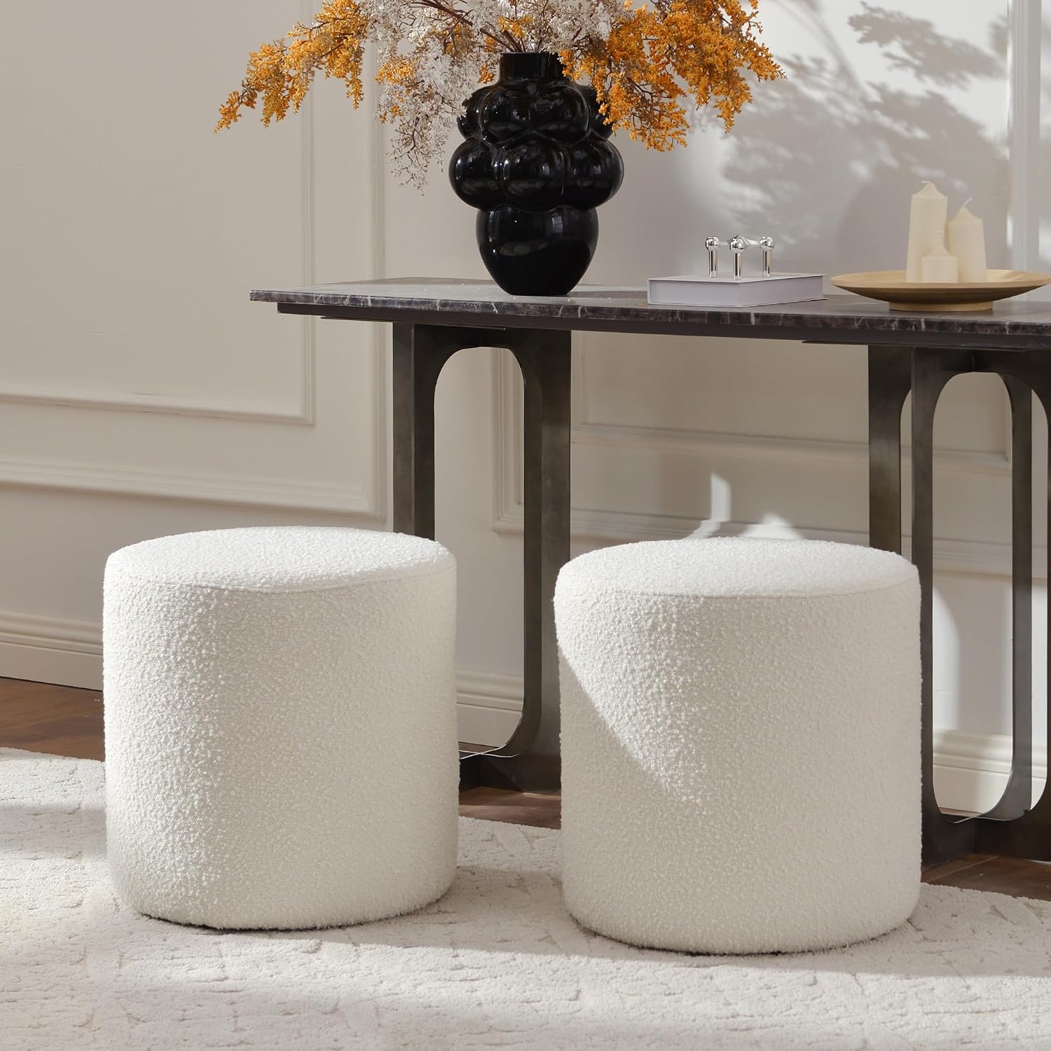 KINWELL Modern Round Boucle Upholstered Ottoman Set of 2, Multi-Functional Sofa Footrest, Side Table, Extra Seating for Living Room, Bedroom, Entryway (Cream White, 18" Dx 18" W x 18.3" H)
