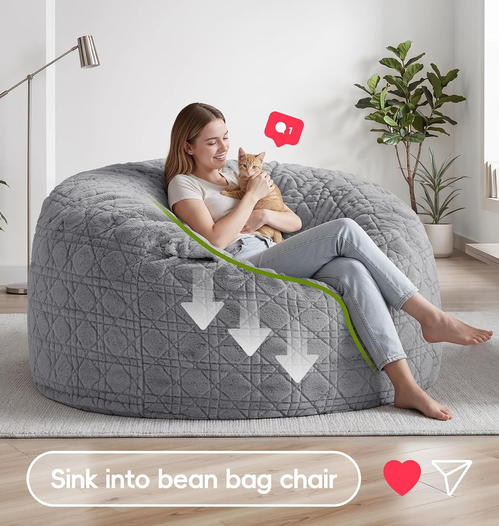 5FT Bean Bag Chair Oversized Bean Bags for Adults Large Bean Bag Beanbag Chair Washable Cover Quilted Plush Bean Bags Giant Memory Foam Bean Bag Chairs for Adults Pocket Bedrooms Living Room (Grey)