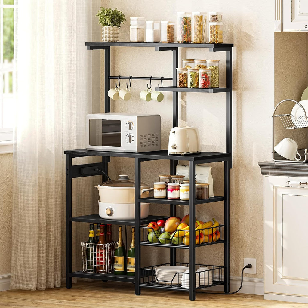 HOOBRO Large Bakers Rack with Power Outlets, 6-Tier Microwave Stand with 4 Hooks, Coffee Bar, Kitchen Shelf with Wire Basket, for Kitchen, Living Room, Office, Black BB64UHB01