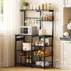 HOOBRO Large Bakers Rack with Power Outlets, 6-Tier Microwave Stand with 4 Hooks, Coffee Bar, Kitchen Shelf with Wire Basket, for Kitchen, Living Room, Office, Black BB64UHB01