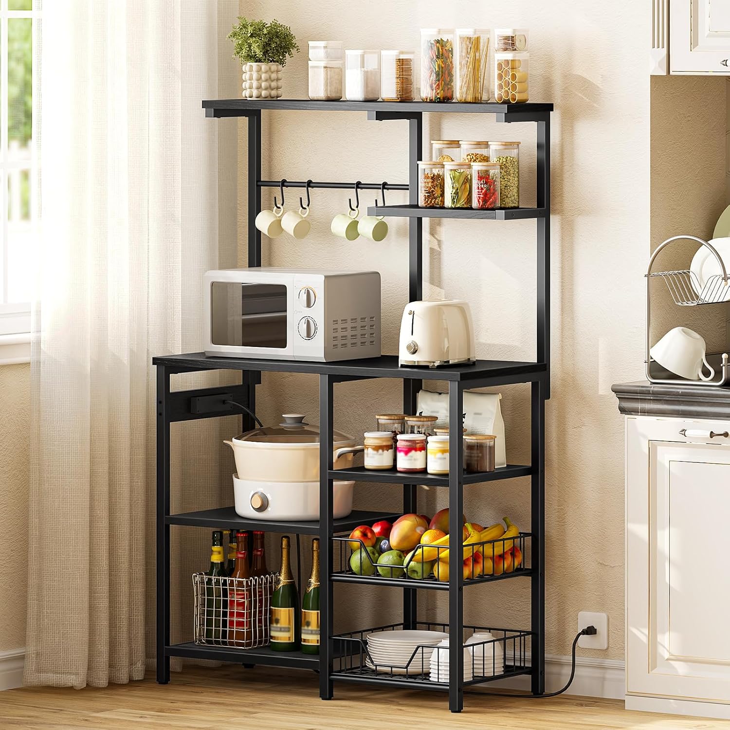 HOOBRO Large Bakers Rack with Power Outlets, 6-Tier Microwave Stand with 4 Hooks, Coffee Bar, Kitchen Shelf with Wire Basket, for Kitchen, Living Room, Office, Black BB64UHB01