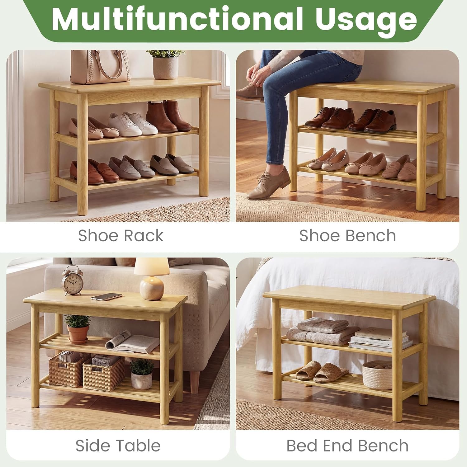 Giantex Shoe Rack Bench, 3-Tier Entryway Bench with Slat Shelves, Wooden Shoe Storage Organizer for Living Room, Front Door, Bedroom, Holds up to 485 lbs, 12 x 24 x 17 Inches