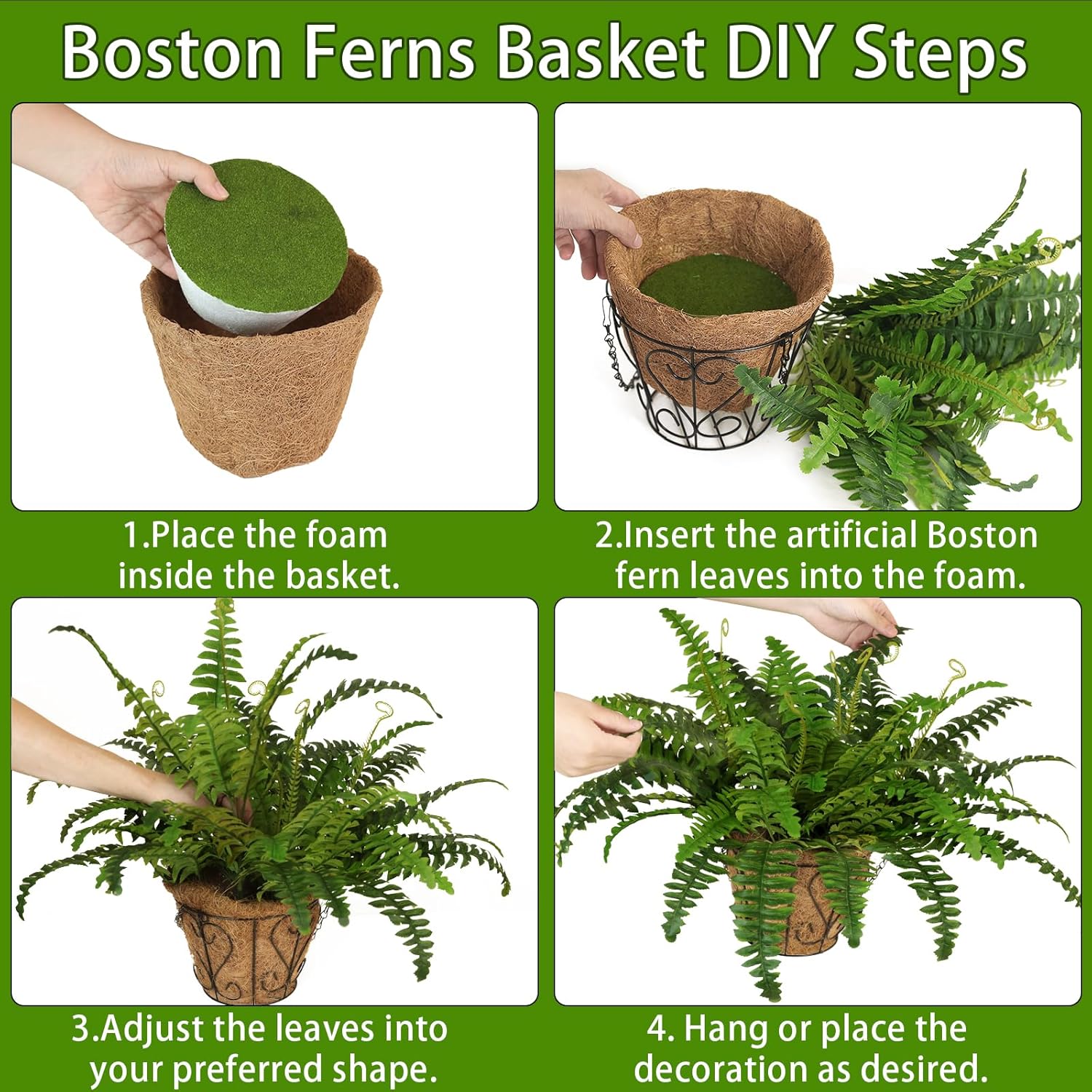 2 Set Artificial Hanging Ferns for Outdoors with Hanging Baskets, UV Resistant Artificial Outdoor Plants, Faux Ferns Outdoor Hanging Basket for Front Porch Garden