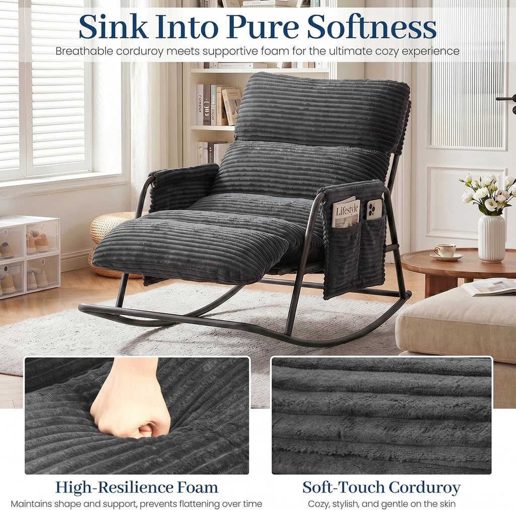 Oversized Outdoor Rocking Chair with Corduroy Cushions, 3-Level Adjustable Metal Patio Rocker with Footrest, Comfy Modern Lounge Chair for Porch, Balcony, Indoor (Gray)