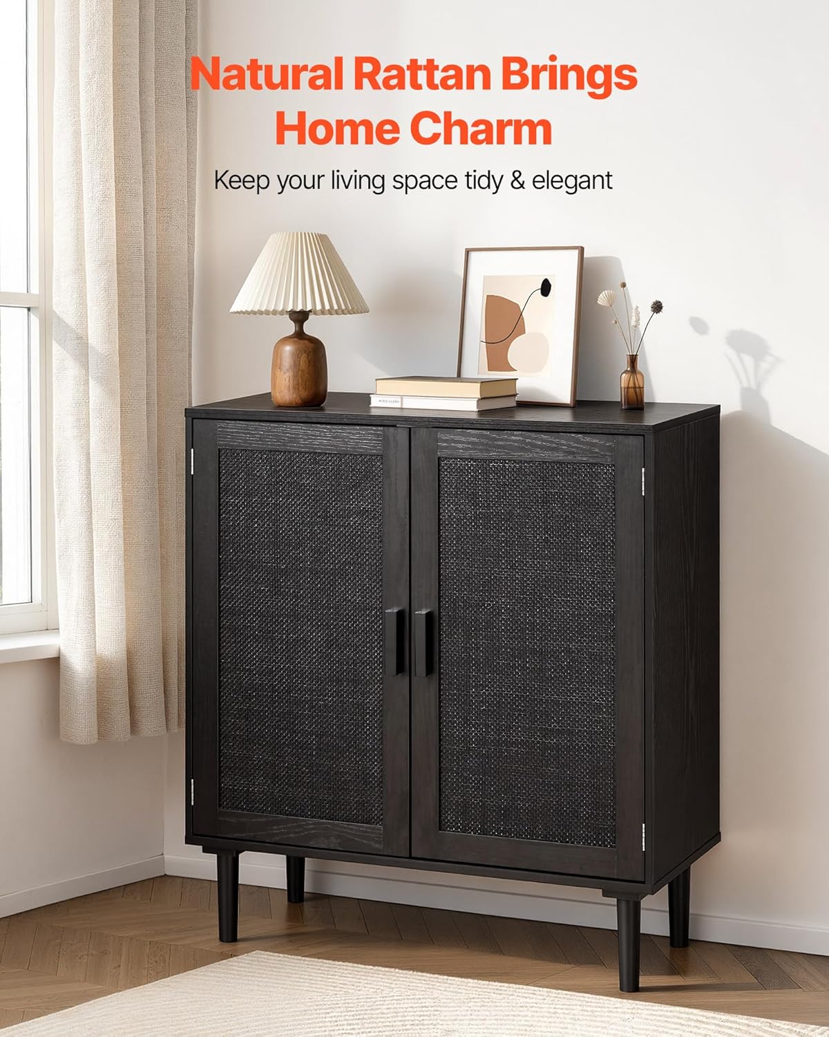 VEVOR Buffet Cabinet, Rattan Sideboard Cabinet with 2 Magnetic Doors and Adjustable Shelves, Accent Sideboard Buffet with Wooden Legs & Power Cord Hole for Hallway, Entryway, Kitchen, Black