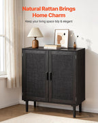 VEVOR Buffet Cabinet, Rattan Sideboard Cabinet with 2 Magnetic Doors and Adjustable Shelves, Accent Sideboard Buffet with Wooden Legs & Power Cord Hole for Hallway, Entryway, Kitchen, Black