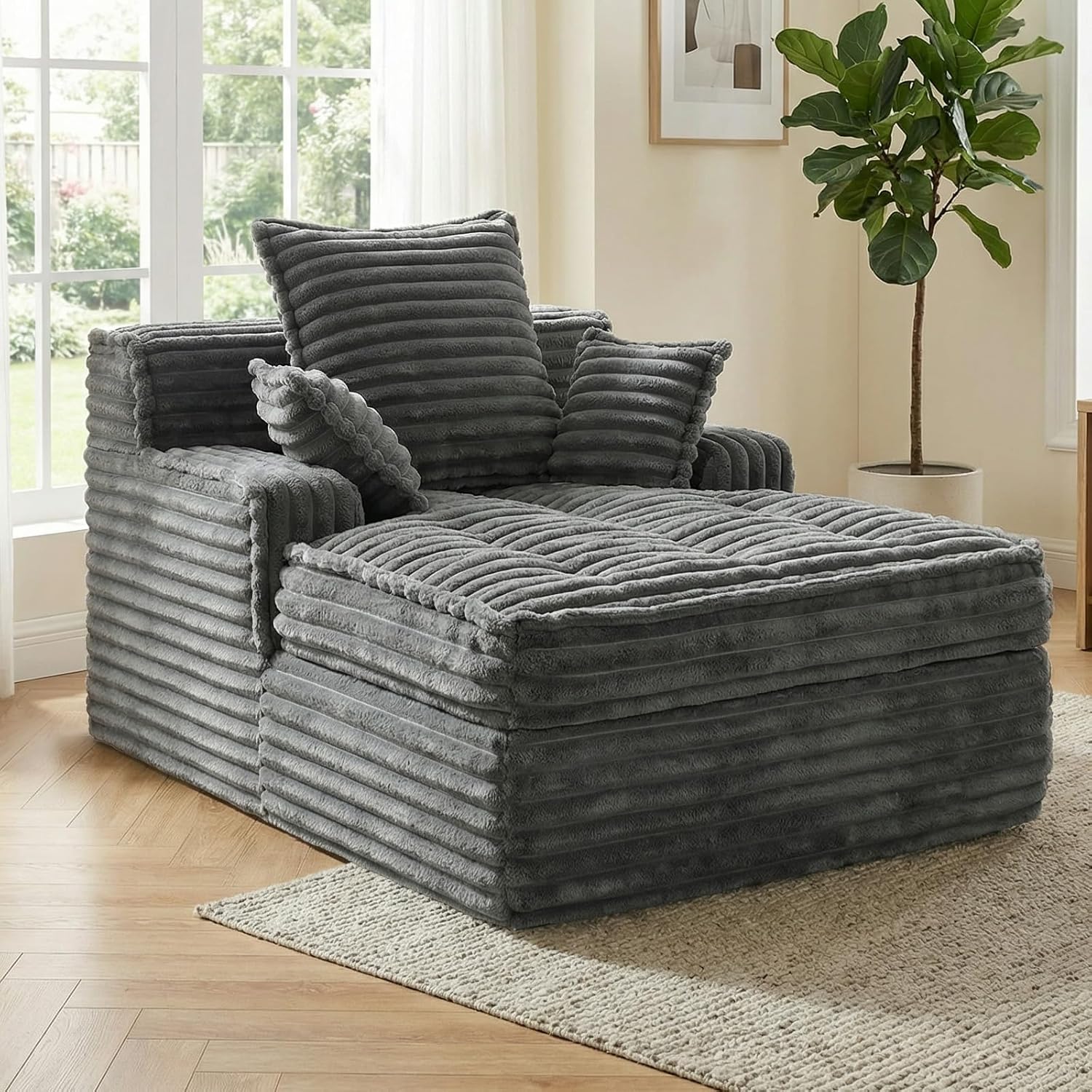 Boneless Chaise Lounge Chair Indoor, Top Fixed-Point Comfort Layer Boneless Couch, 57'' Cloud Corduroy Sofa Bed, Block + Crumb Foam Construction, Deep Seat Reading Chair with 3 Pillows, No Assembly