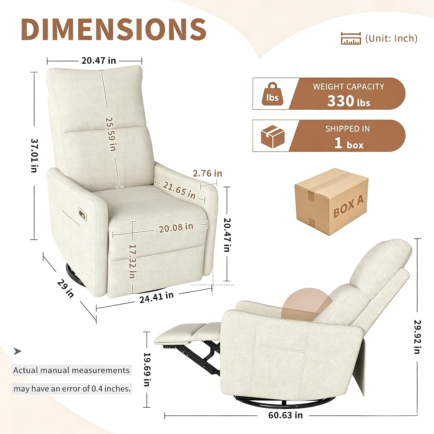 29" 270 Swivel Rocker Velvet Modern Comfort Lazy Cloud Chair, Upholstered Deep Seat Single Sofa with USB Port, Fashion Lounge Chair Side Pocket for Nursery Theater Small Spaces, Beige