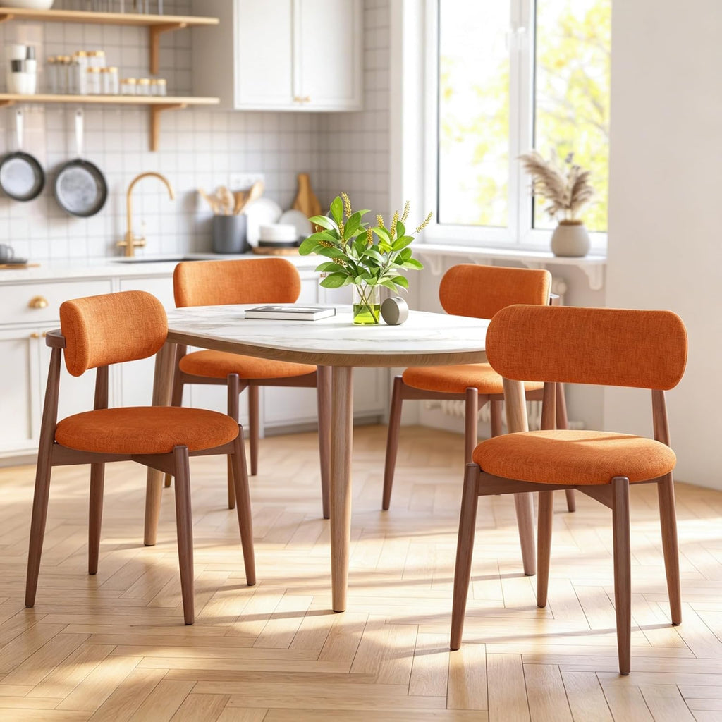 Wooden Dining Chairs Set of 4, Mid Century Modern Upholstered Kitchen Chairs with Solid Wood Legs, 350lb Heavy Duty Padded Side Chairs for Dining Room & Vanity, Orange