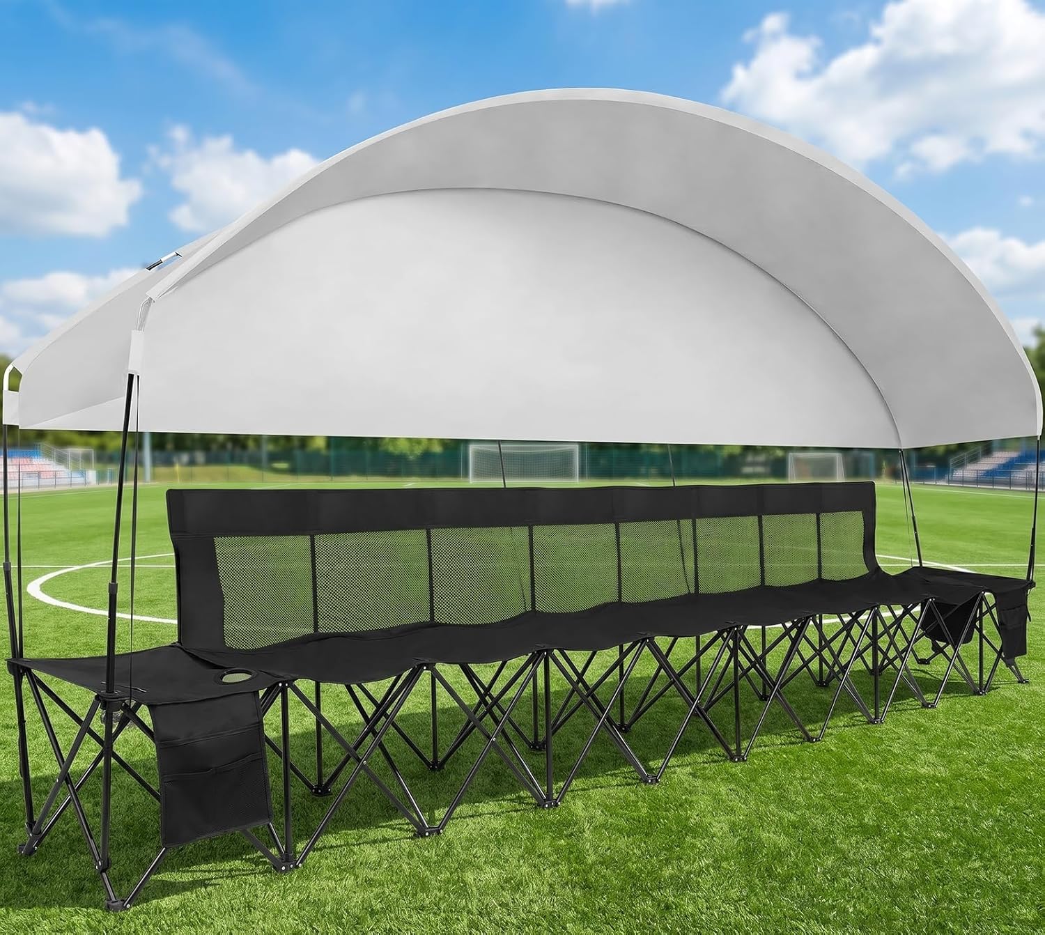 1MORE Soccer Bench with Canopy, Portable Folding Team Bench, 8 Seats Foldable Sideline Benches, Soccer Chair with Bag & Mesh Backrest, Adult Team Chair for Football