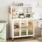 Kitchen Pantry Cabinets, Freestanding Pantry Cabinets with Microwave Stand, Modern Pantry Cabinet with Transparent Door, Kitchen Pantry Cabinet with Versatile Pegboard, Easy to Move, White (White)