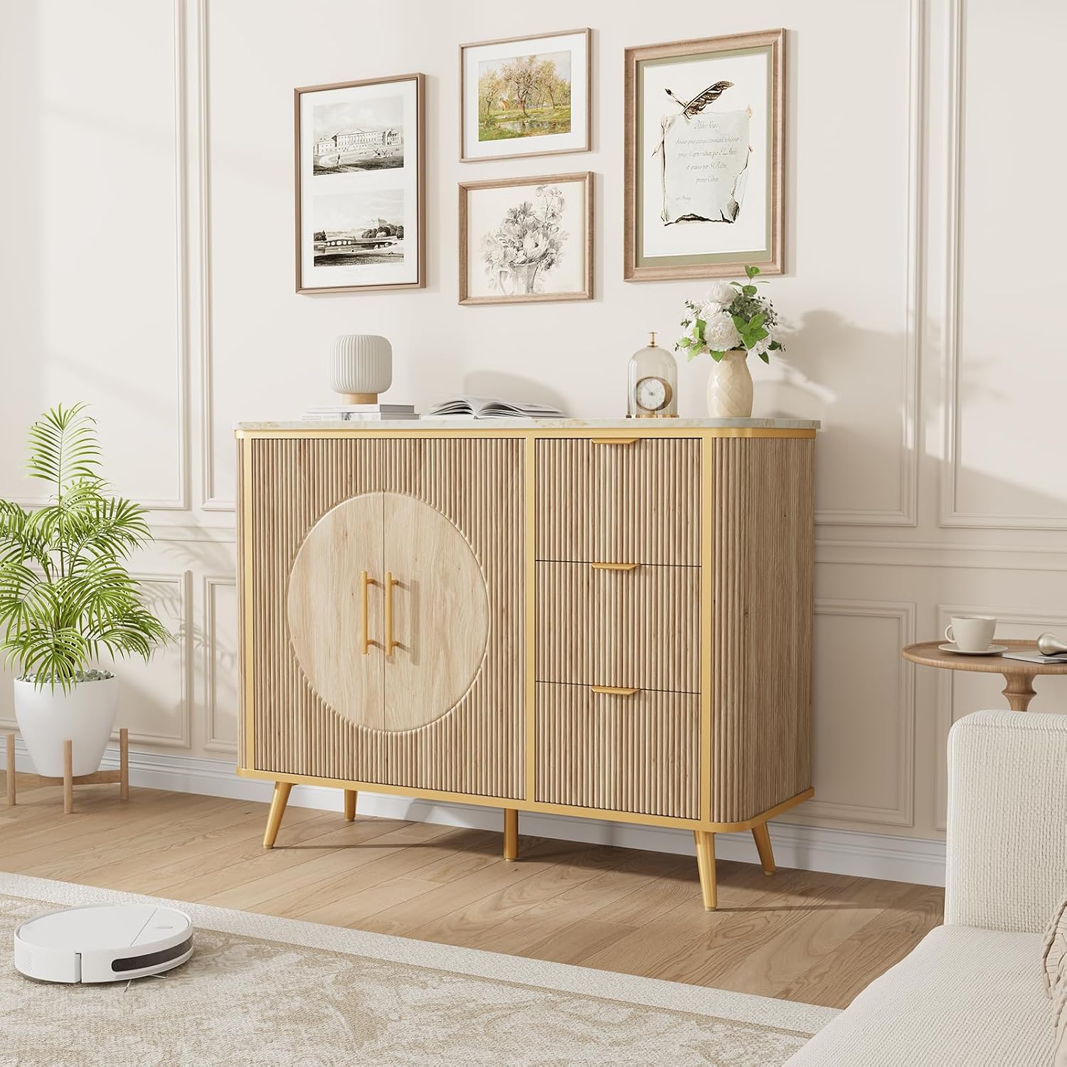 47.3" Modern Buffet Cabinet with Storage, Kitchen Sideboard Buffet with 2 Door & 3 Drawers, Fluted Caffee Bar Storage Cabinet for Dining Room, Living Room, Entryway, Natural Oak