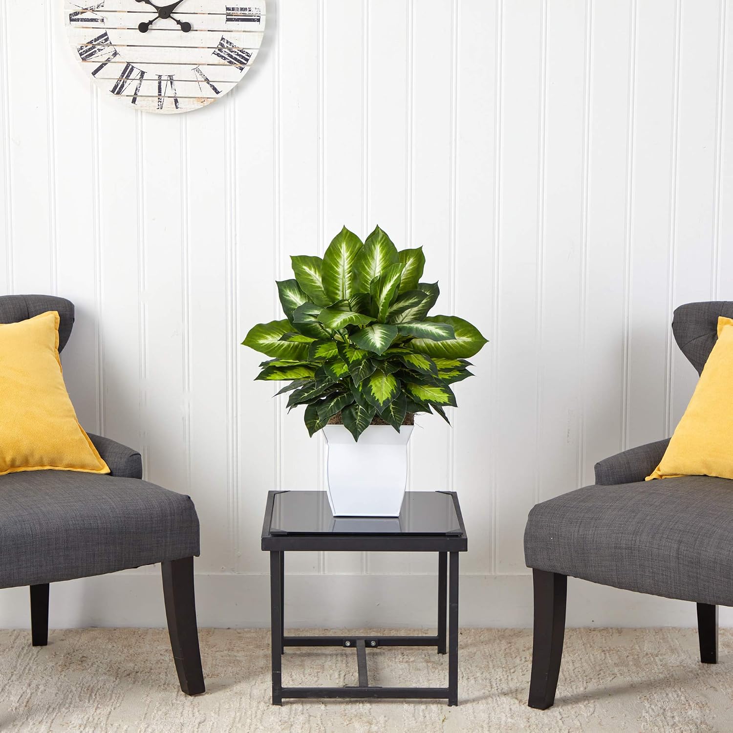 Nearly Natural 2ft. Golden Dieffenbachia Artificial Plant in White Metal Planter