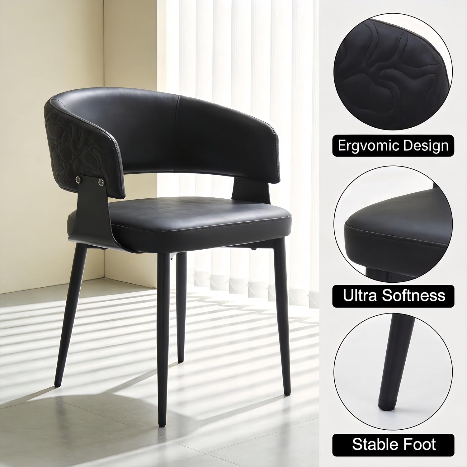 Atoll Modern Accent Dining Chairs Set of 2 with Upholstered PU Leather Seat & Curved Back, Metal Legs, Mid-Century Kitchen Chair for Dining Room, Living Room or Office (2, Black)