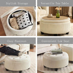 4-in-1 24Inch Round Storage Ottoman, Modern Tufted Fabric Circle Storage Coffee Table with Removable Lid, Upholstered Storage Ottoman with Tray for Living Room (Off White)