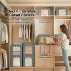 GoMaihe Clothes Storage Bins Metal Frame: 3-Pack Compact Stackable Closet Storage Bin with Lid & Clear Window, Space Saving Organizer for Sweaters Kids Clothes (Dorm/Closet 27L)