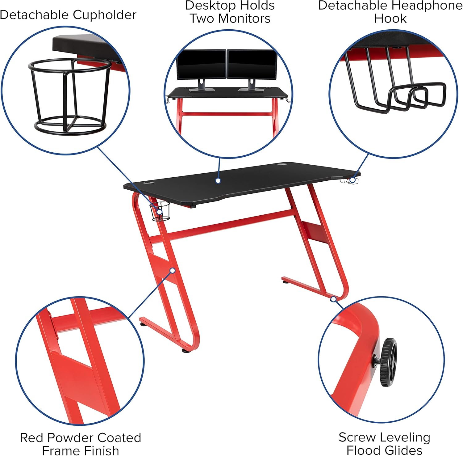 Flash Furniture Red Gaming Desk and Red/Black Footrest Reclining Gaming Chair Set with Cup Holder and Headphone Hook