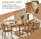 9-Piece Farmhouse Dining Table Set for 8, 59"-94" Extendable Kitchen Table & Upholstered Chairs, Solid Wooden Table with Woven Ratten Chair Living Room Restaurant - Natural/Natural