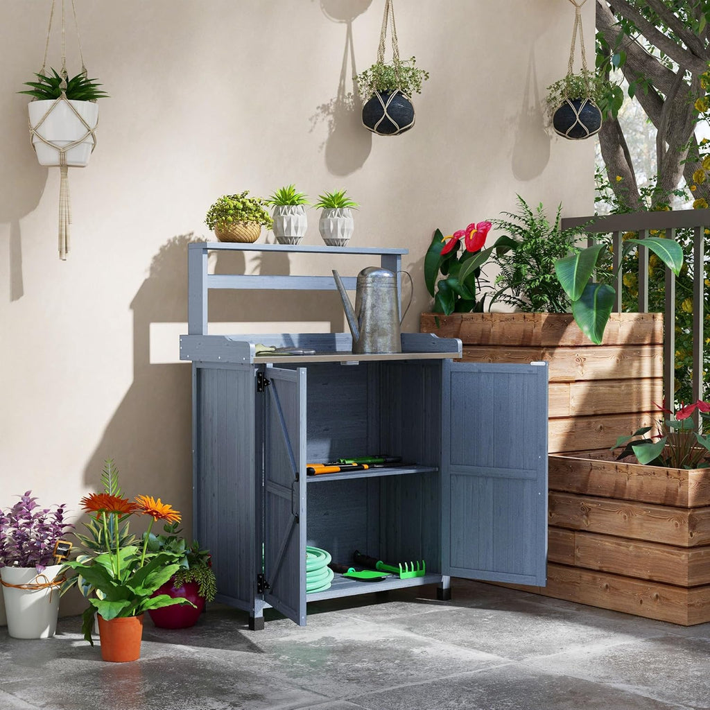 Outsunny Potting Bench, Outdoor Wooden Potting Table with Storage Cabinet with 2 Shelves, Garden Work Bench with Galvanized Plated Tabletop for Backyard, Balcony, Gray