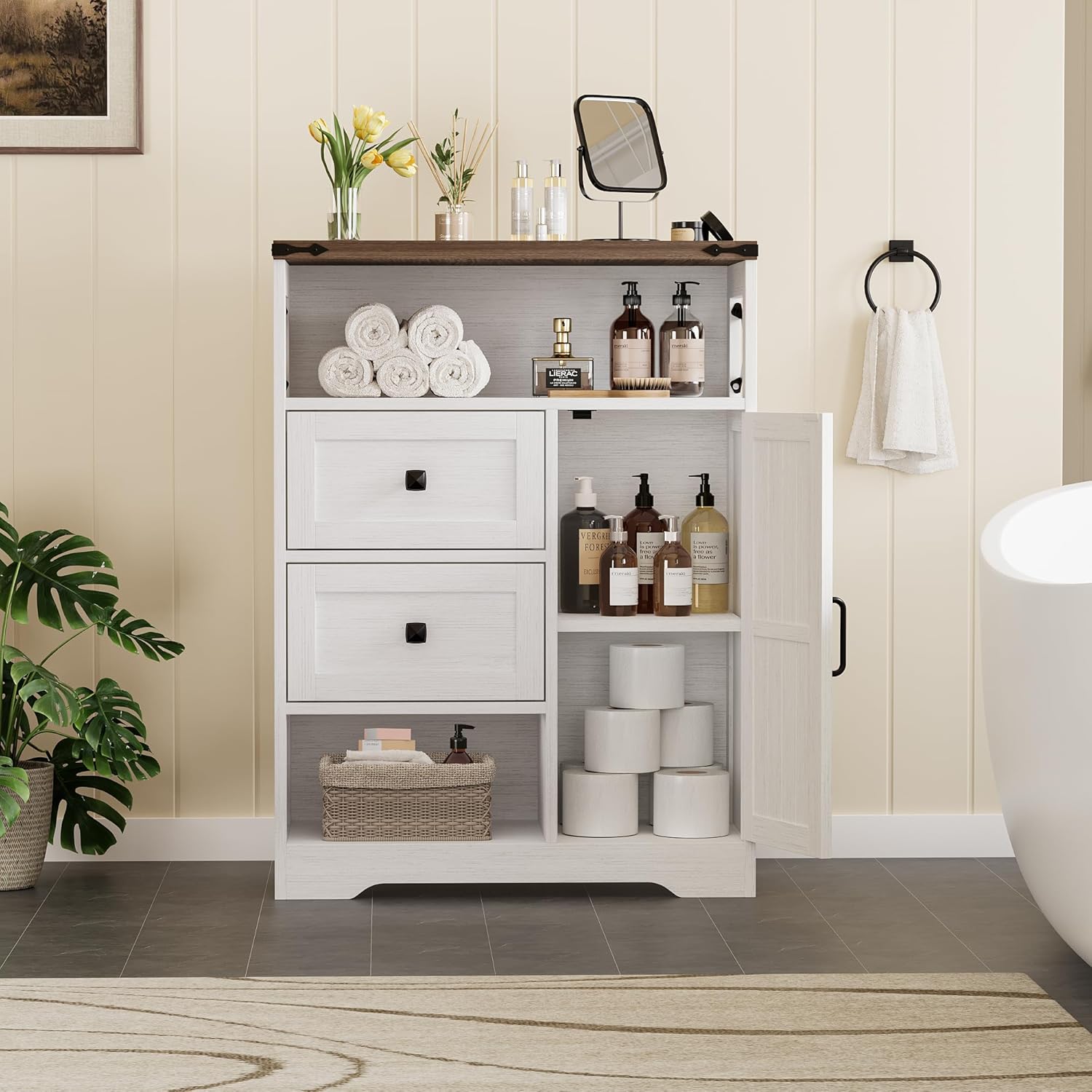 Vabches Farmhouse Buffet Sideboard Cabinet with 2 Drawers and Open Shelf, 27.5" Storage Cabinet with Adjustable Shelves and Door, Coffee Bar Hutch Pantry for Kitchen, Living Room, Entryway, White