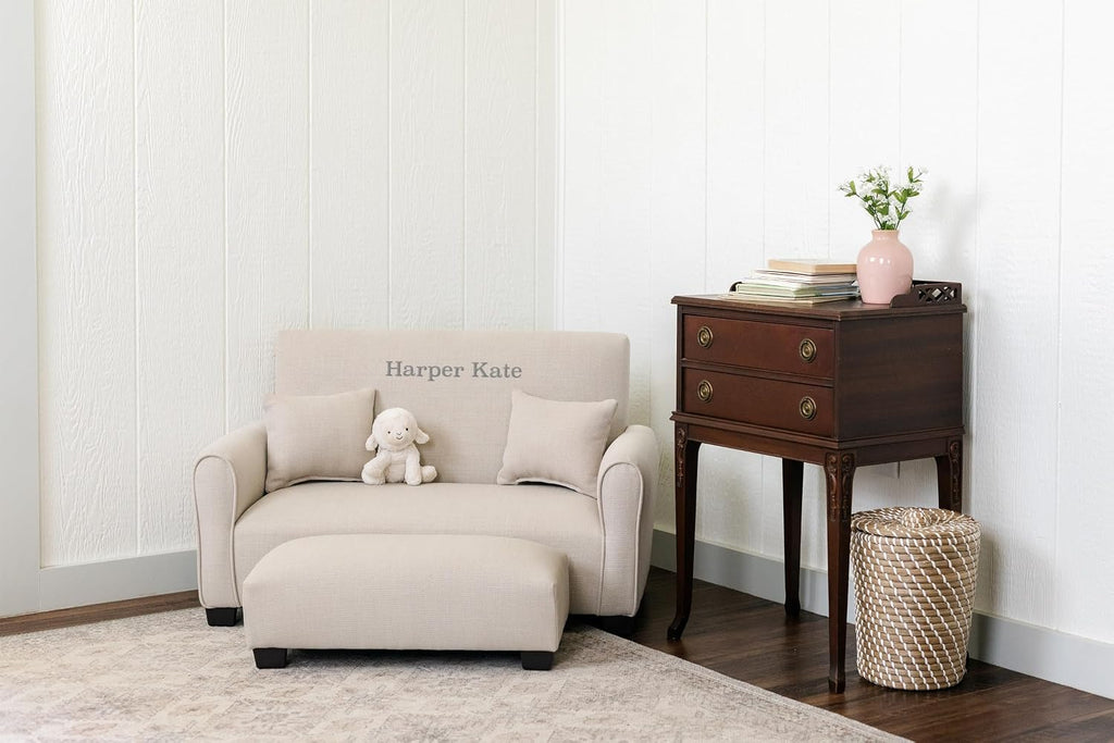 Customized Toddler Upholstered Sofa with Ottoman and Pillows