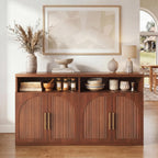 Fluted Buffet Cabinet with Storage, 63" Wide Wood Sideboard Credenza with 4 Doors & Open Storage Shelf, Modern Kitchen Entryway Accent Table for Dining Room Living Room, Kitchen, Hallway, Walnut