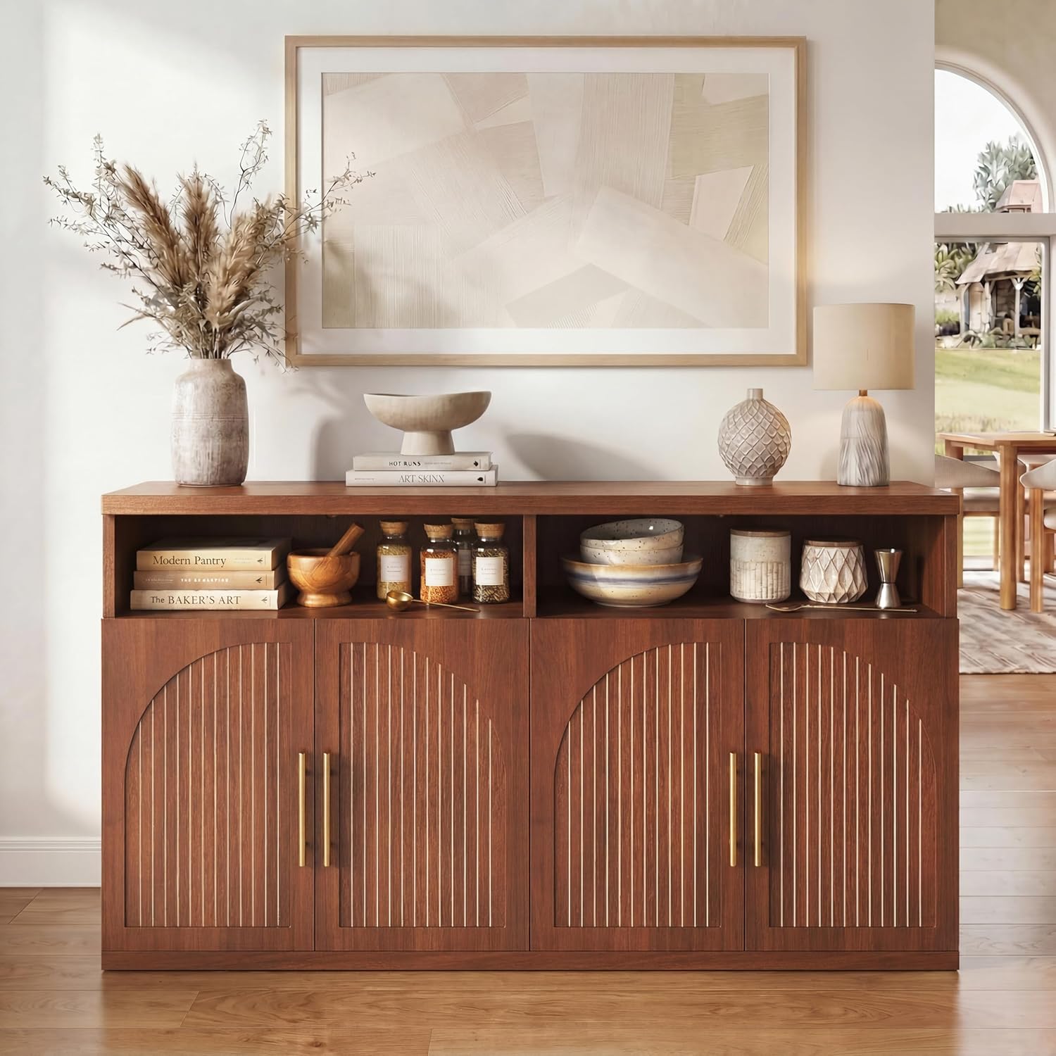 Fluted Buffet Cabinet with Storage, 63" Wide Wood Sideboard Credenza with 4 Doors & Open Storage Shelf, Modern Kitchen Entryway Accent Table for Dining Room Living Room, Kitchen, Hallway, Walnut