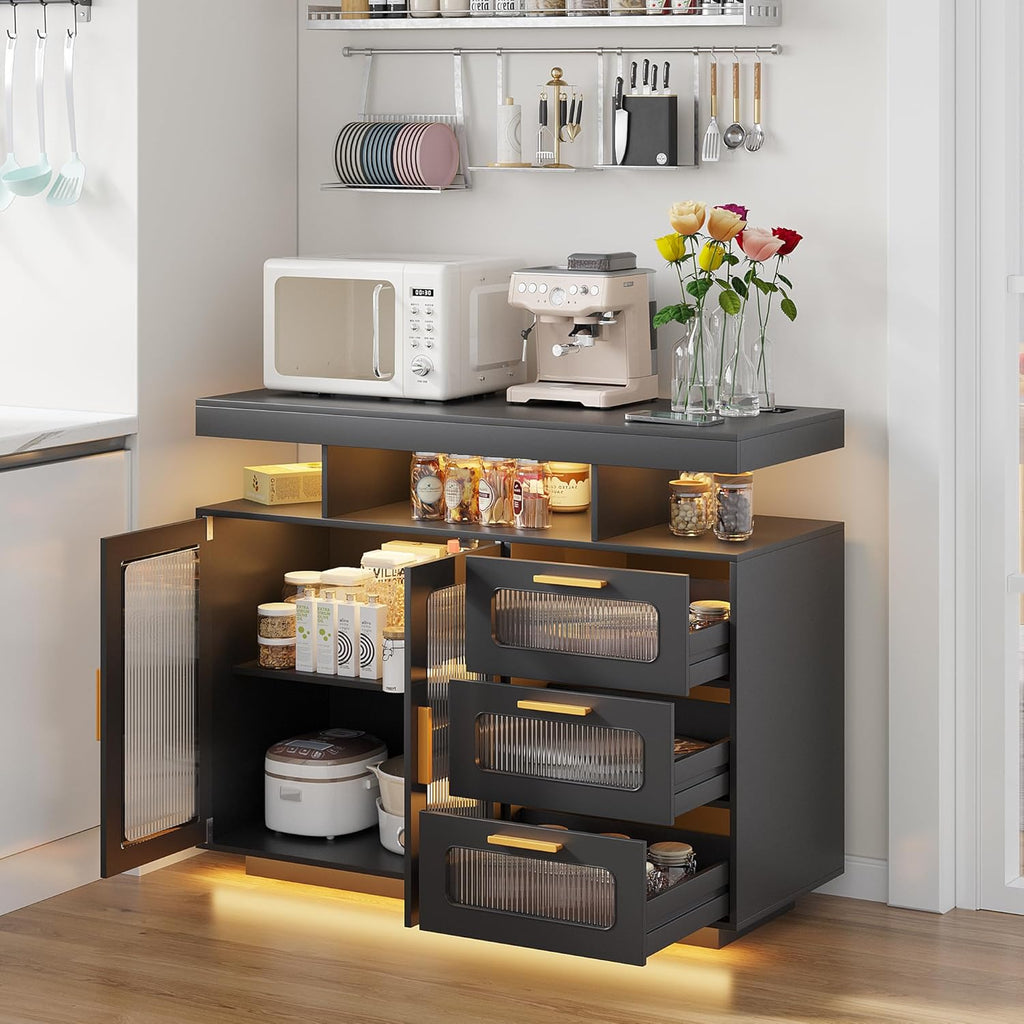 Dystler Coffee Bar Cabinet with Storage, Modern Buffet Cabinet with 3 Drawers and 2 Doors, Sideboard Buffet with Charging Station and Lights, Black