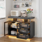 Dystler Coffee Bar Cabinet with Storage, Modern Buffet Cabinet with 3 Drawers and 2 Doors, Sideboard Buffet with Charging Station and Lights, Black