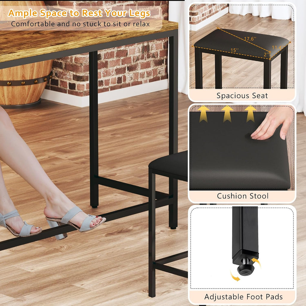 L Shaped Bar Table with Stools, 63‘’ Bar Height Table with Power Outlets, Convertible Corner Counter Height Bar Table with 2 Stools, Rectangular High Top Table for Small Spaces, Breakfast Nook, Rustic