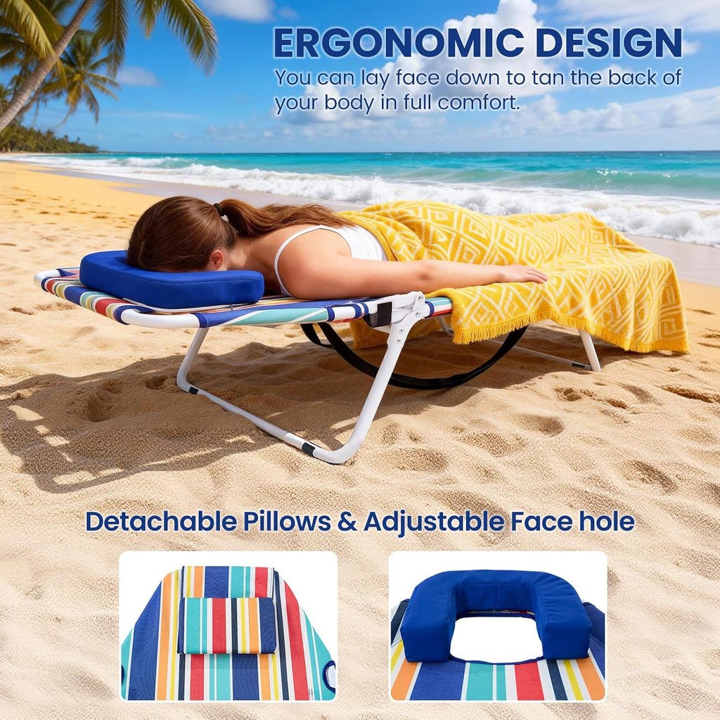 LILYPELLE Folding Chaise Lounge Chair with Mattress, 5 Position Beach Chair with Face Hole, Patio Chaise Lounge Chairs for Outside, Sunbathing, Camping, Pool, Beach, Poolside