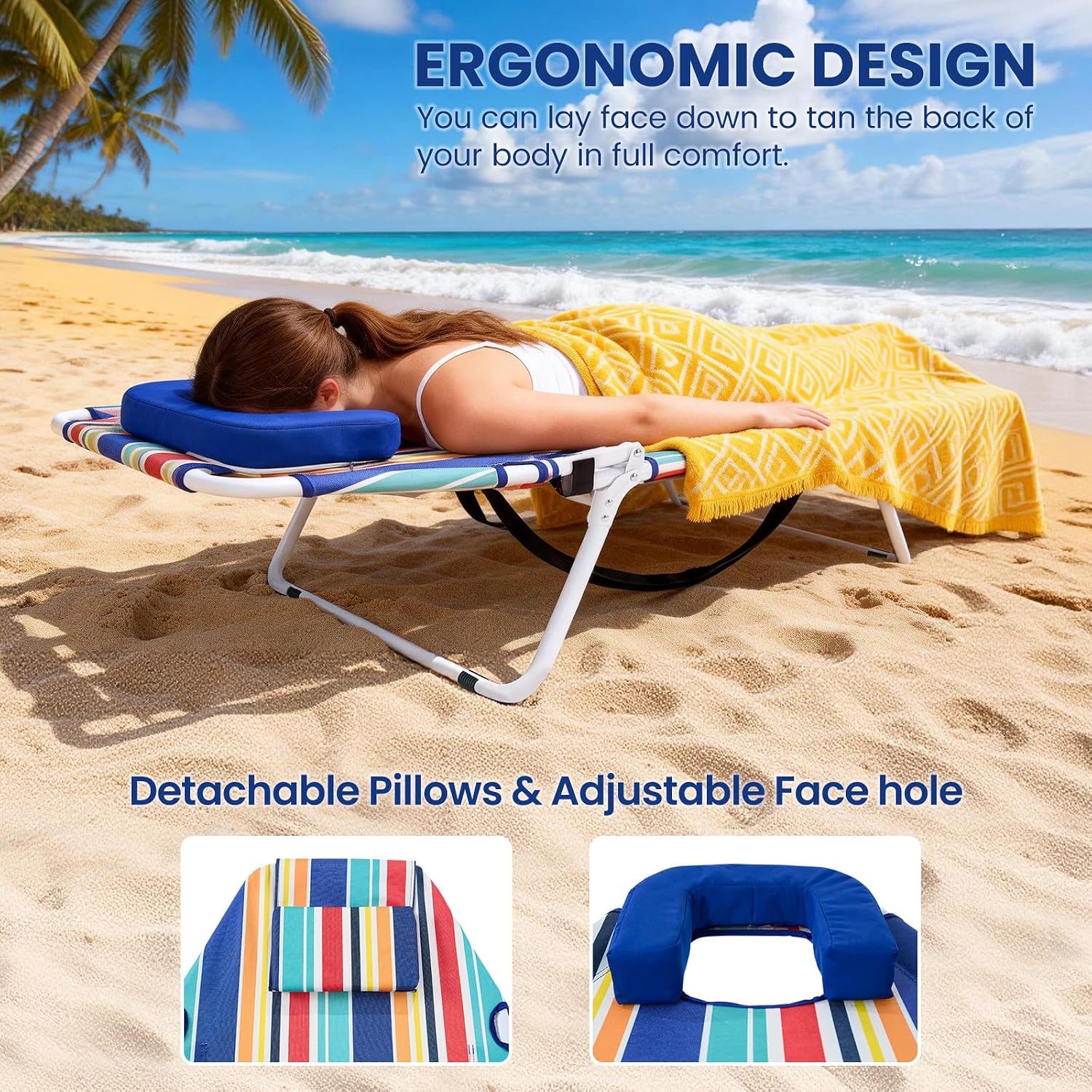 LILYPELLE Folding Chaise Lounge Chair with Mattress, 5 Position Beach Chair with Face Hole, Patio Chaise Lounge Chairs for Outside, Sunbathing, Camping, Pool, Beach, Poolside
