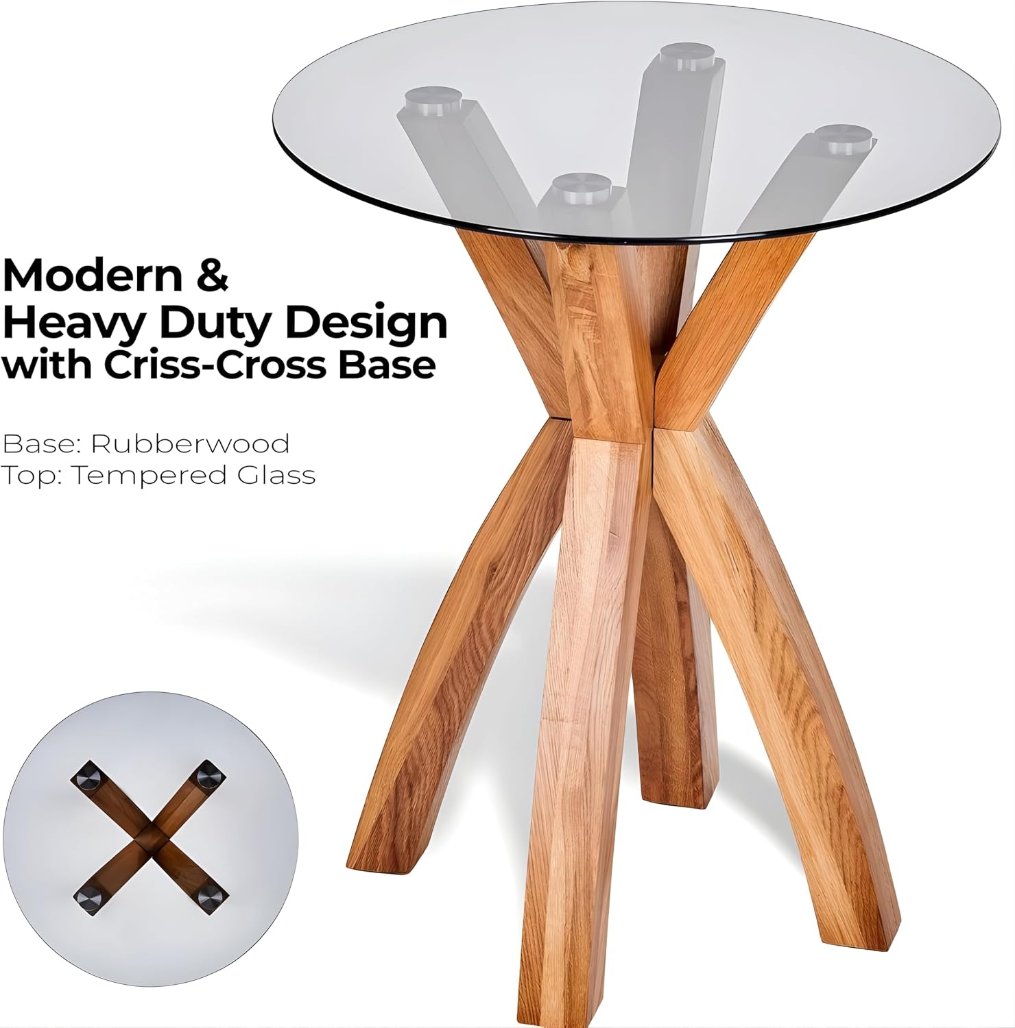 Round Glass End Table, Small Sofa Side Table for Living Room, Bedroom. Stylish Wood Legs with 20” Tempered Glass Top. Nature Oak