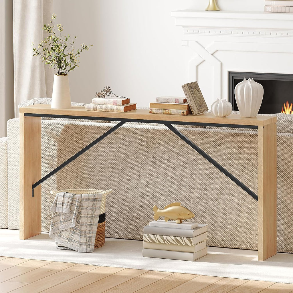 MAHANCRIS Console Table, 62.2" Long Sofa Table Behind Couch, Narrow Entryway Table, Farmhouse Dining Table with Angled Metal Frame, Industrial Console Table for Entryway, Natural CTNB15801