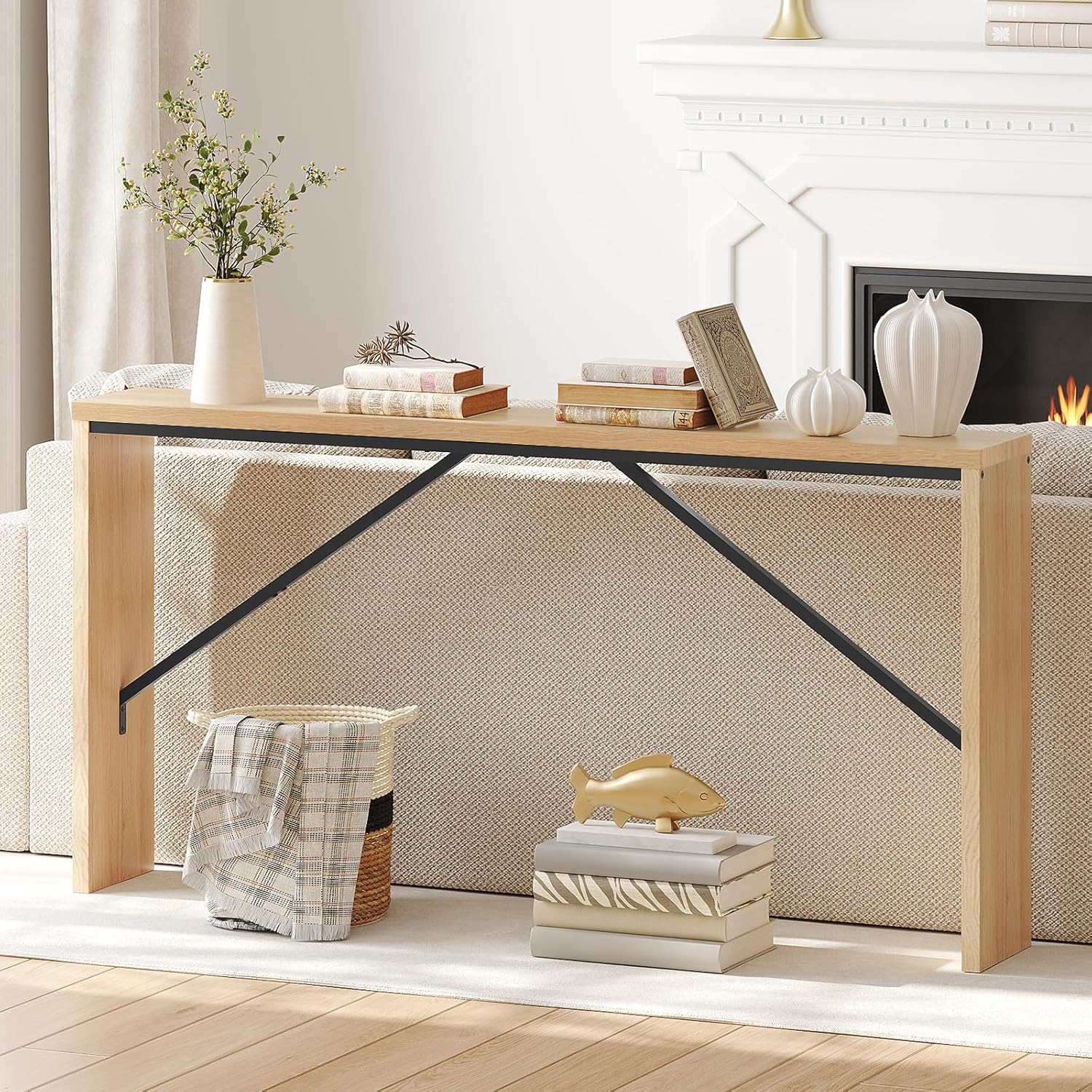 MAHANCRIS Console Table, 62.2" Long Sofa Table Behind Couch, Narrow Entryway Table, Farmhouse Dining Table with Angled Metal Frame, Industrial Console Table for Entryway, Natural CTNB15801