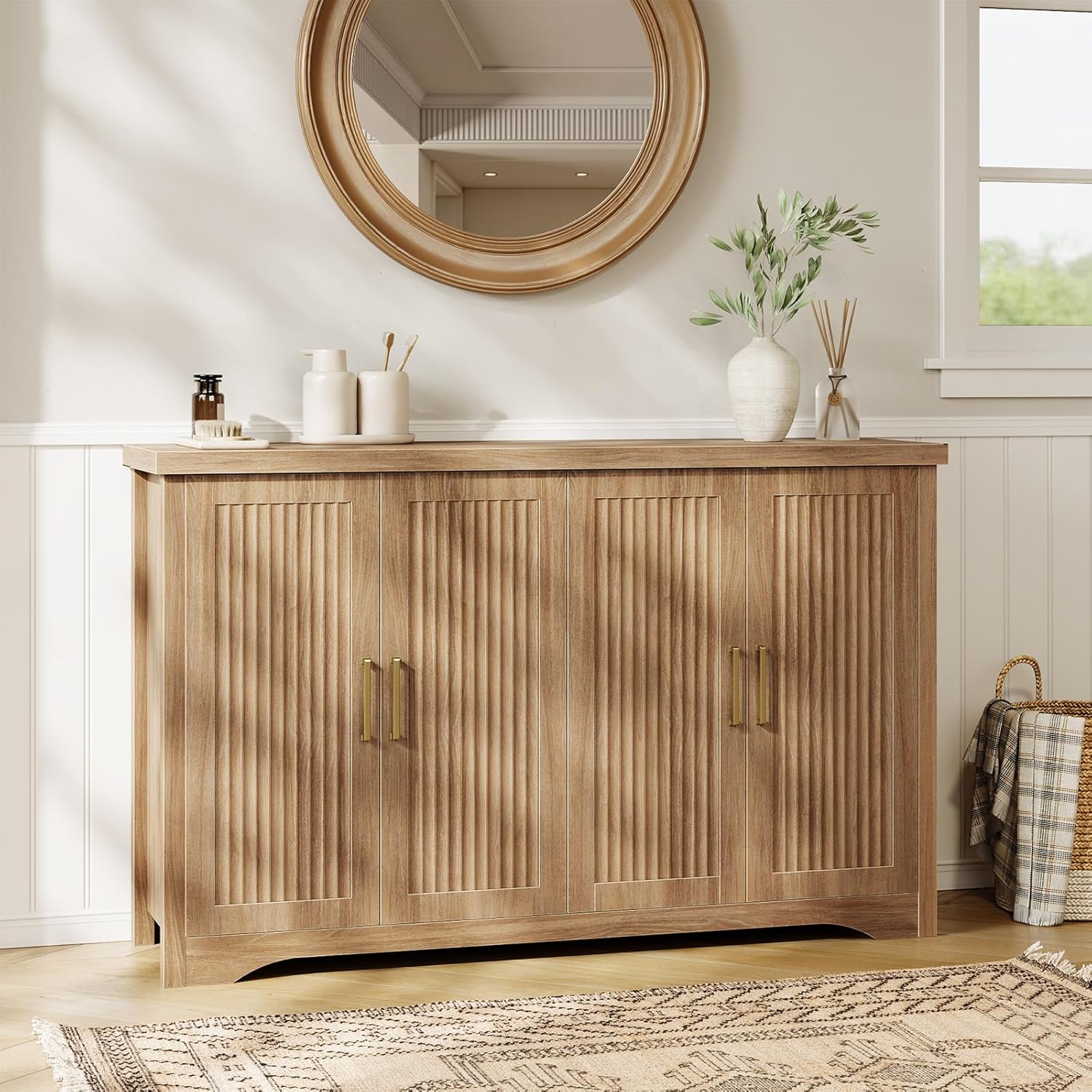 Memobarco Fluted Buffet Cabinet with Storage（55.59" W Accent Sideboard Cabinet Modern Credenza with Doors & Adjustable Shelves Modular Coffee Bar Media Console for Dining Room Entryway,Natural Oak