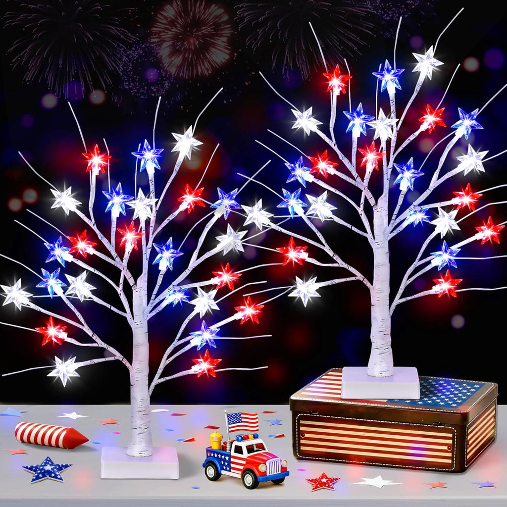 2 Pack 18" 4th of July Patriotic Tree Lights with 24 LED Red White Blue Star Lights Battery or USB Powered Lighted Tabletop Tree, Independence Day Memorial Day Decorations for Home Party Table Decor