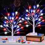 2 Pack 18" 4th of July Patriotic Tree Lights with 24 LED Red White Blue Star Lights Battery or USB Powered Lighted Tabletop Tree, Independence Day Memorial Day Decorations for Home Party Table Decor