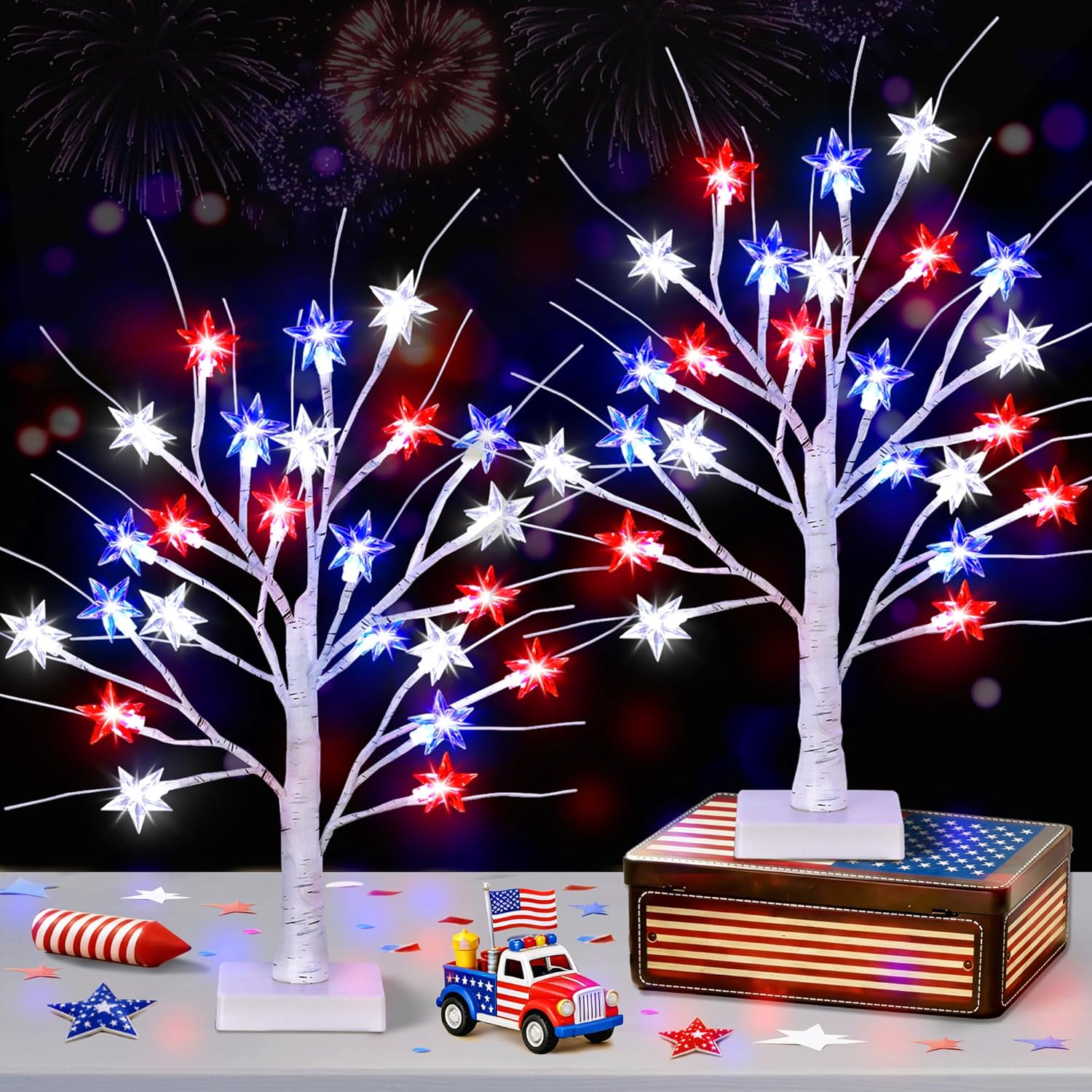 2 Pack 18" 4th of July Patriotic Tree Lights with 24 LED Red White Blue Star Lights Battery or USB Powered Lighted Tabletop Tree, Independence Day Memorial Day Decorations for Home Party Table Decor
