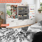 61" W Kids Toy Storage Organizer with Stuffed Animal Storage, 3 Movable Storage Drawers, 4 Removable Storage Bins, Wooden Bookshelf with Magnetic Drawing Board for Kids Room & Playroom, White