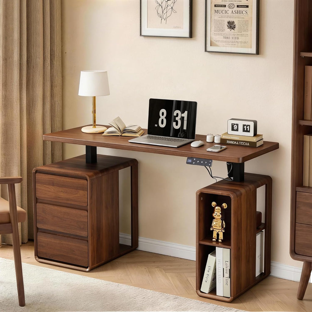AVZEAR Farmhouse Electric Standing Desk, 55" Height Adjustable Computer Stand up Desk with 3 Drawers and Storage Shelf, Mid Century Modern Home Office Desk Wood Sit Stand Desks for Work, Study, Walnut