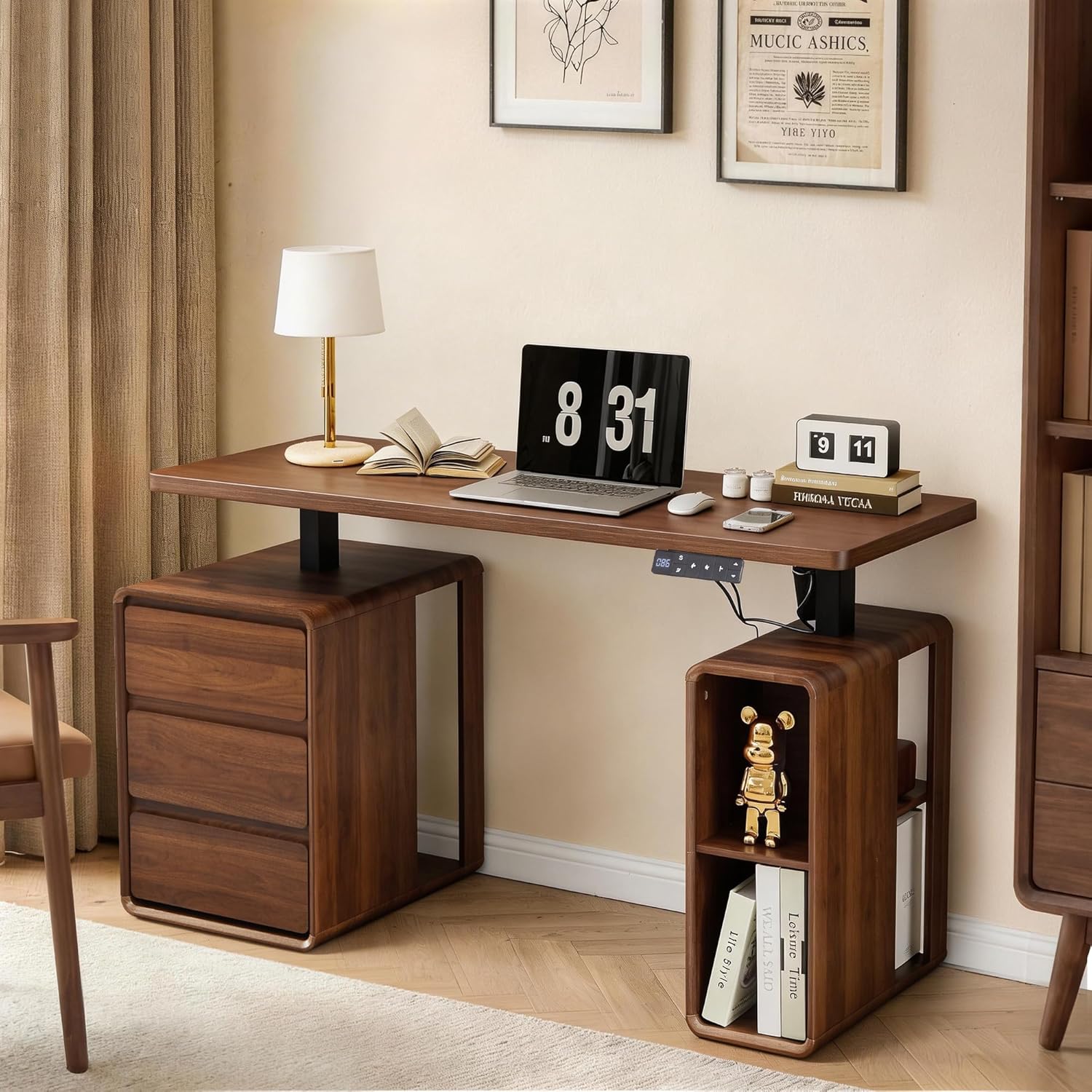 AVZEAR Farmhouse Electric Standing Desk, 55" Height Adjustable Computer Stand up Desk with 3 Drawers and Storage Shelf, Mid Century Modern Home Office Desk Wood Sit Stand Desks for Work, Study, Walnut